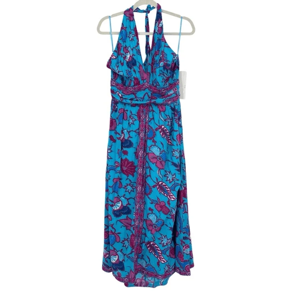 Caroline Constas Halter Fit Flare Smocked Maxi Dress XL Turquoise Gauze Cotton - Picture 2 of 16